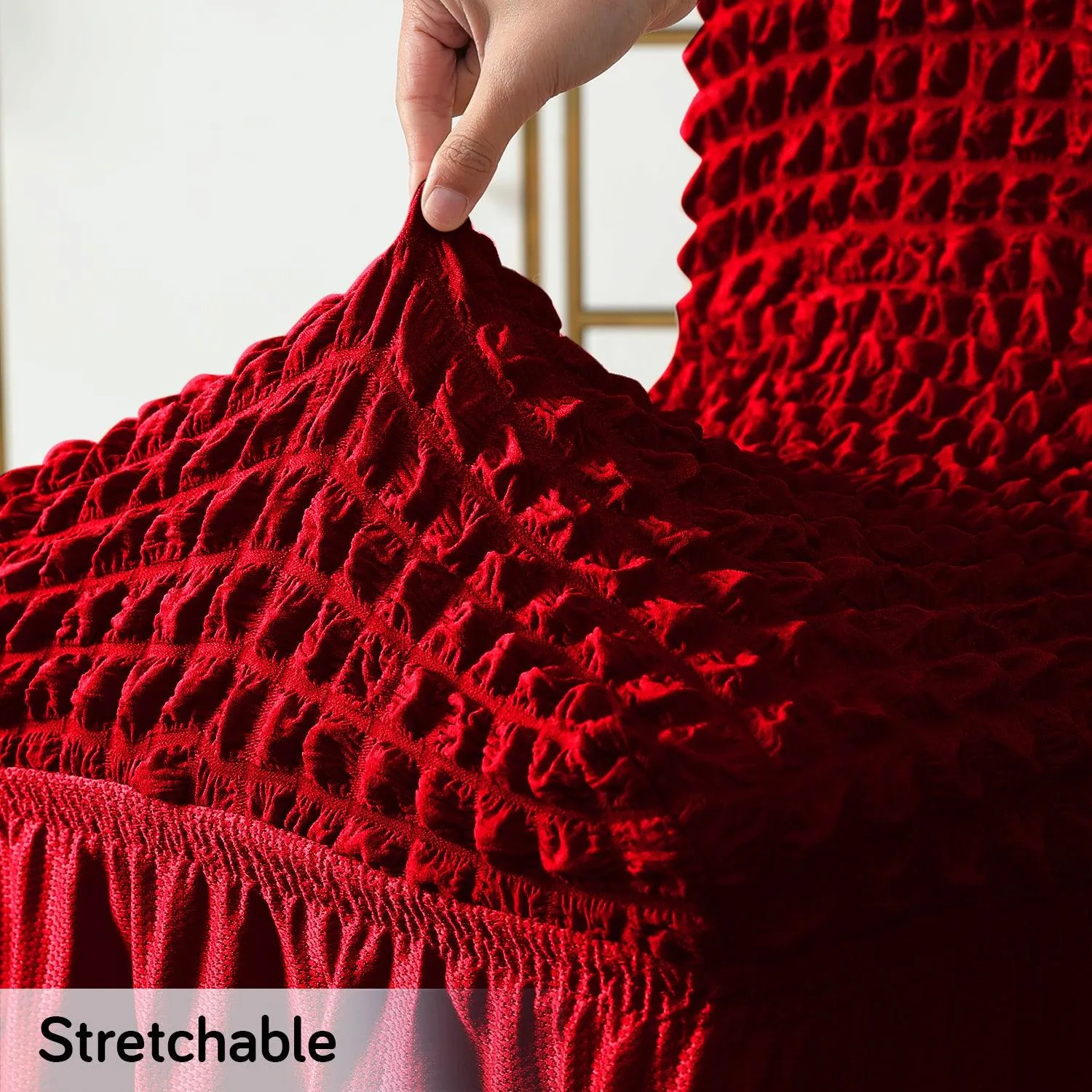 Stretchable 240-260 GSM Turkish Bubble Frill Dining Chair Cover Set of 1/2/4/6, Scarlet Red