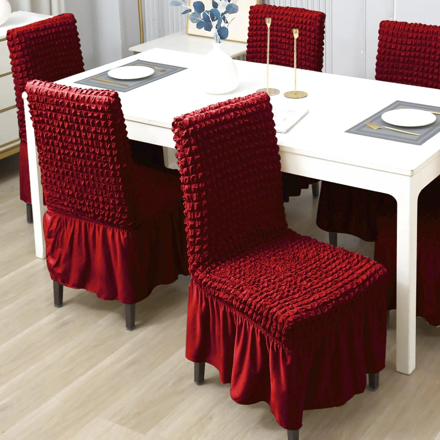 Stretchable 240-260 GSM Turkish Bubble Frill Dining Chair Cover Set of 1/2/4/6, Scarlet Red