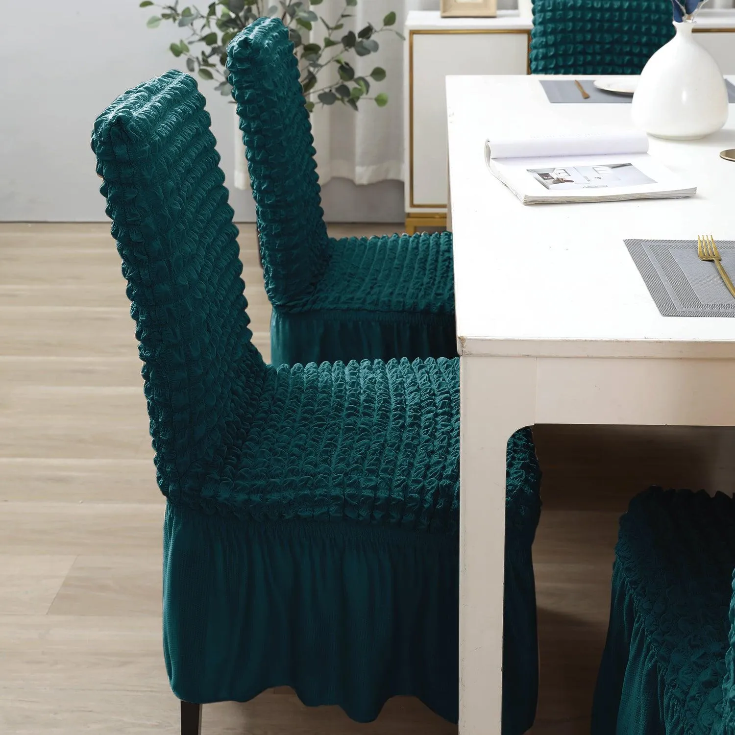 Stretchable 240-260 GSM Turkish Bubble Frill Dining Chair Cover Set of 1/2/4/6, Teal