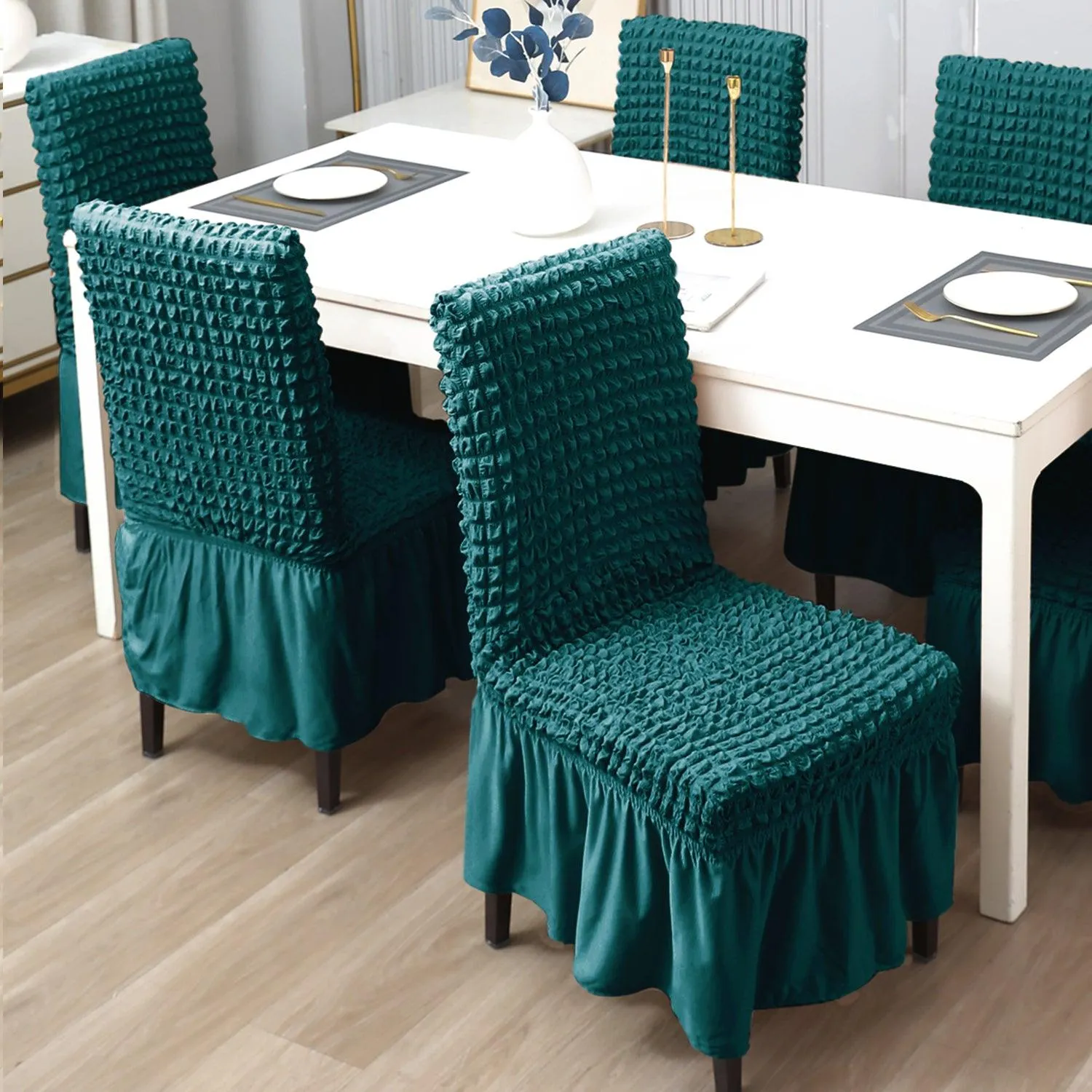 Stretchable 240-260 GSM Turkish Bubble Frill Dining Chair Cover Set of 1/2/4/6, Teal