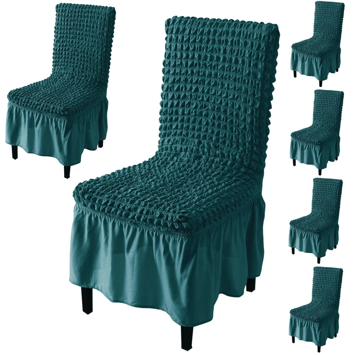 Stretchable 240-260 GSM Turkish Bubble Frill Dining Chair Cover Set of 1/2/4/6, Teal