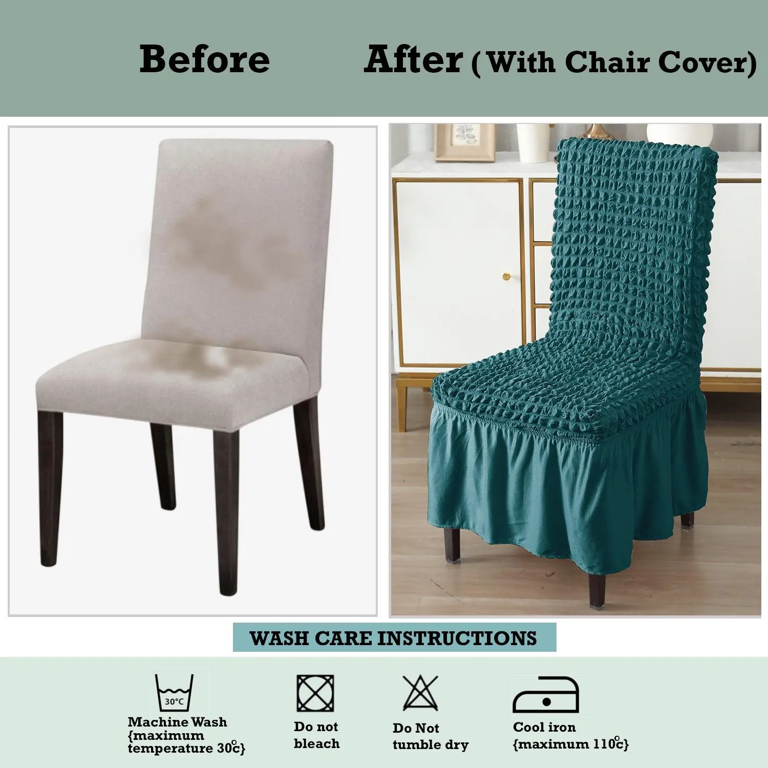 Stretchable 240-260 GSM Turkish Bubble Frill Dining Chair Cover Set of 1/2/4/6, Teal