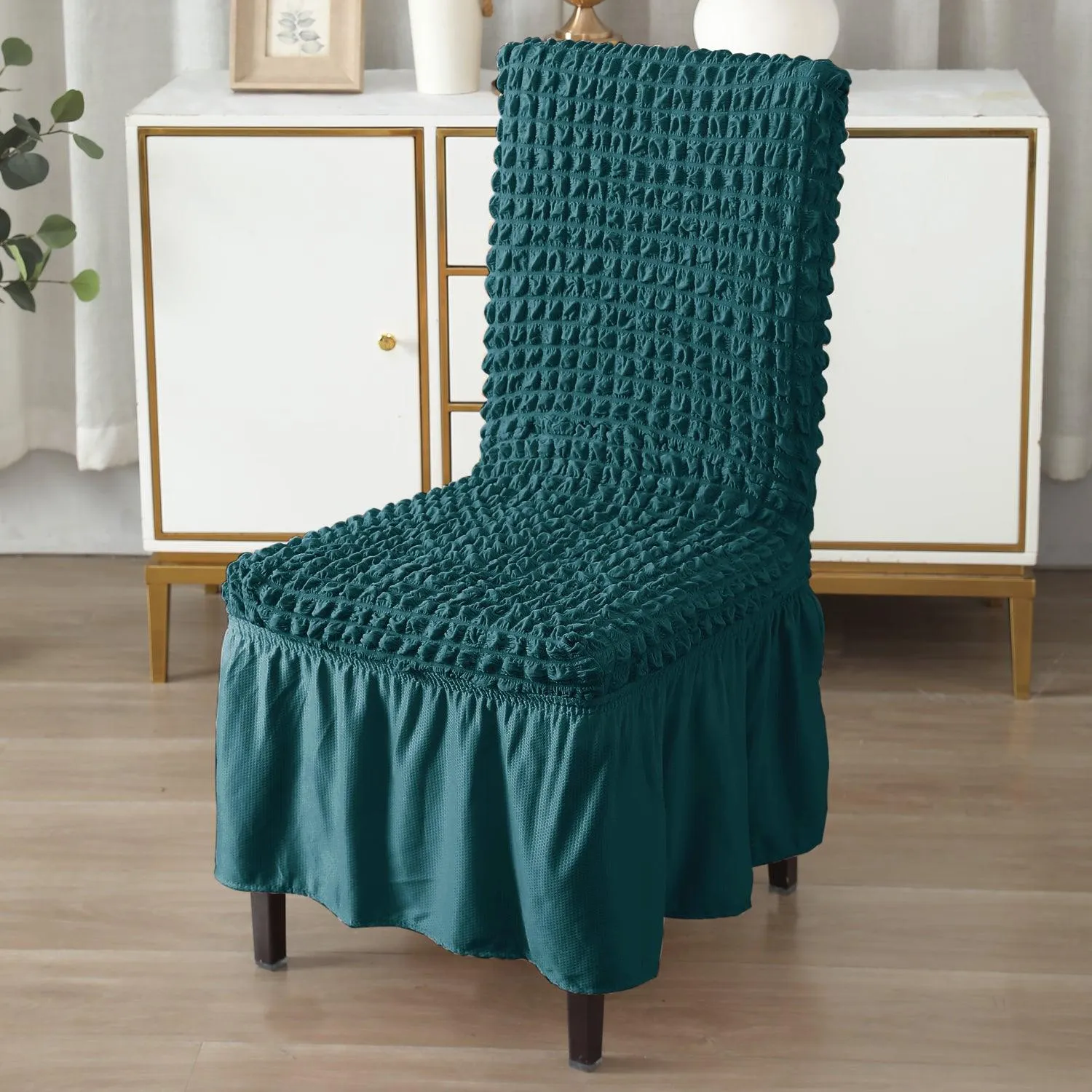 Stretchable 240-260 GSM Turkish Bubble Frill Dining Chair Cover Set of 1/2/4/6, Teal