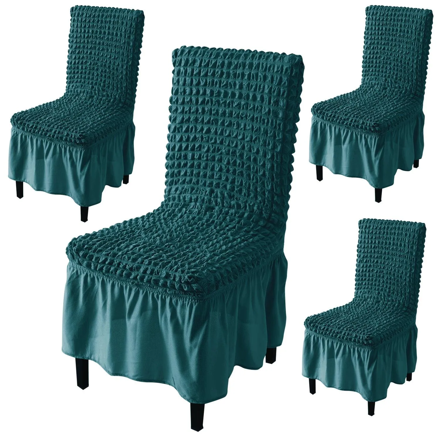 Stretchable 240-260 GSM Turkish Bubble Frill Dining Chair Cover Set of 1/2/4/6, Teal