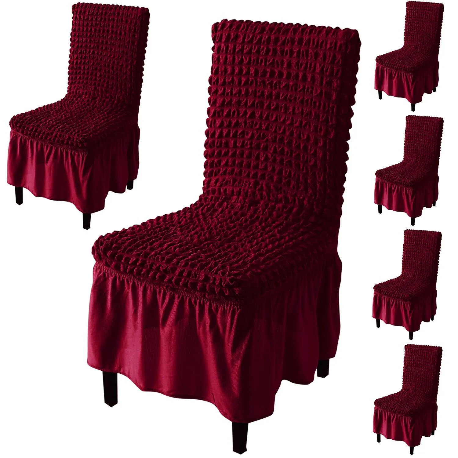 Stretchable 240-260 GSM Turkish Bubble Frill Dining Chair Cover Set of 1/2/4/6, Wine