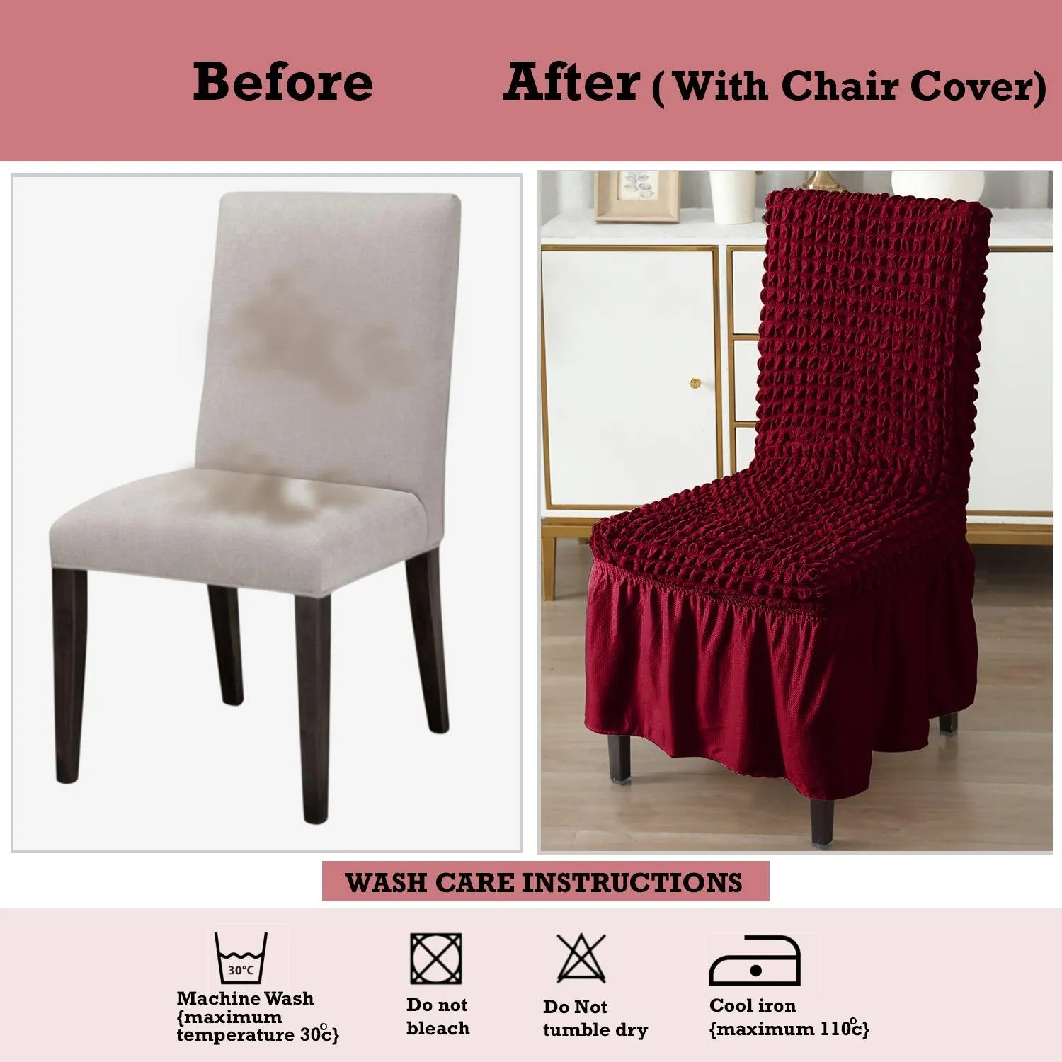 Stretchable 240-260 GSM Turkish Bubble Frill Dining Chair Cover Set of 1/2/4/6, Wine