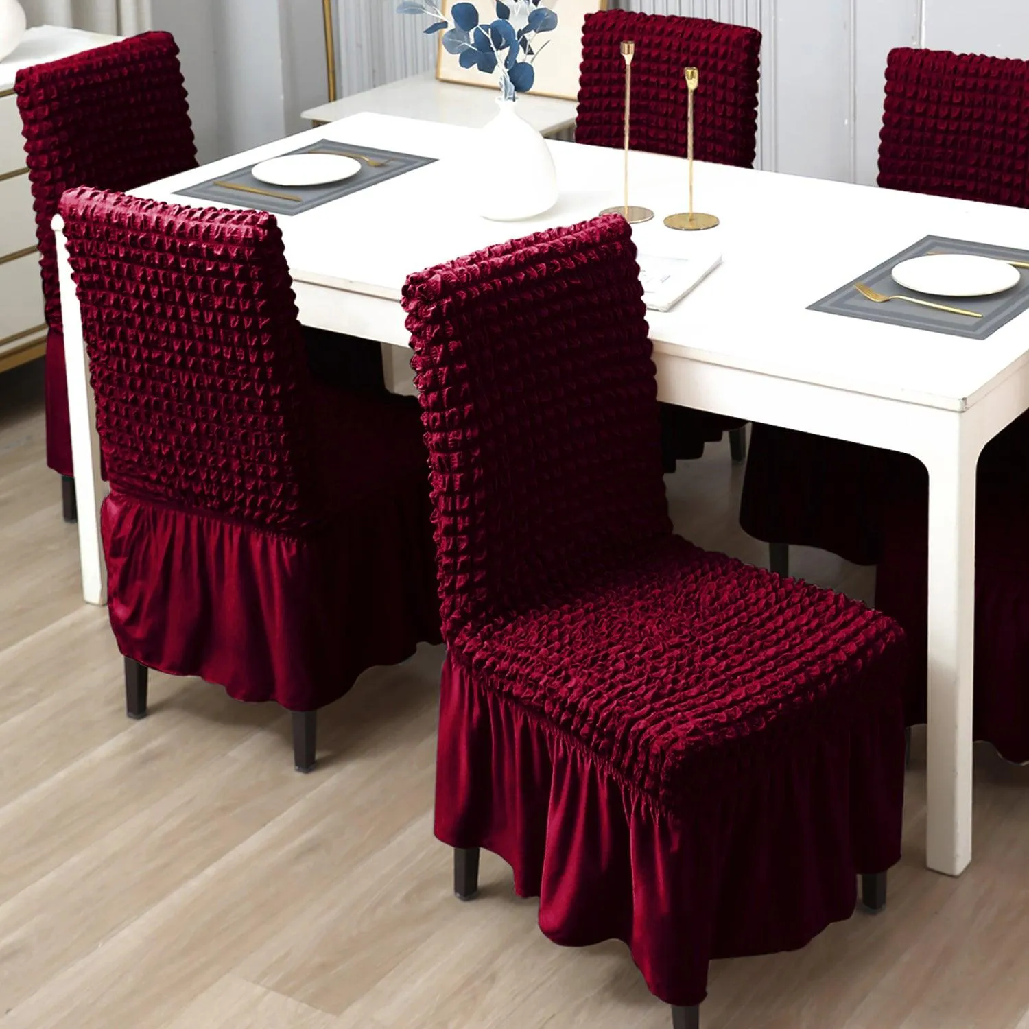 Stretchable 240-260 GSM Turkish Bubble Frill Dining Chair Cover Set of 1/2/4/6, Wine