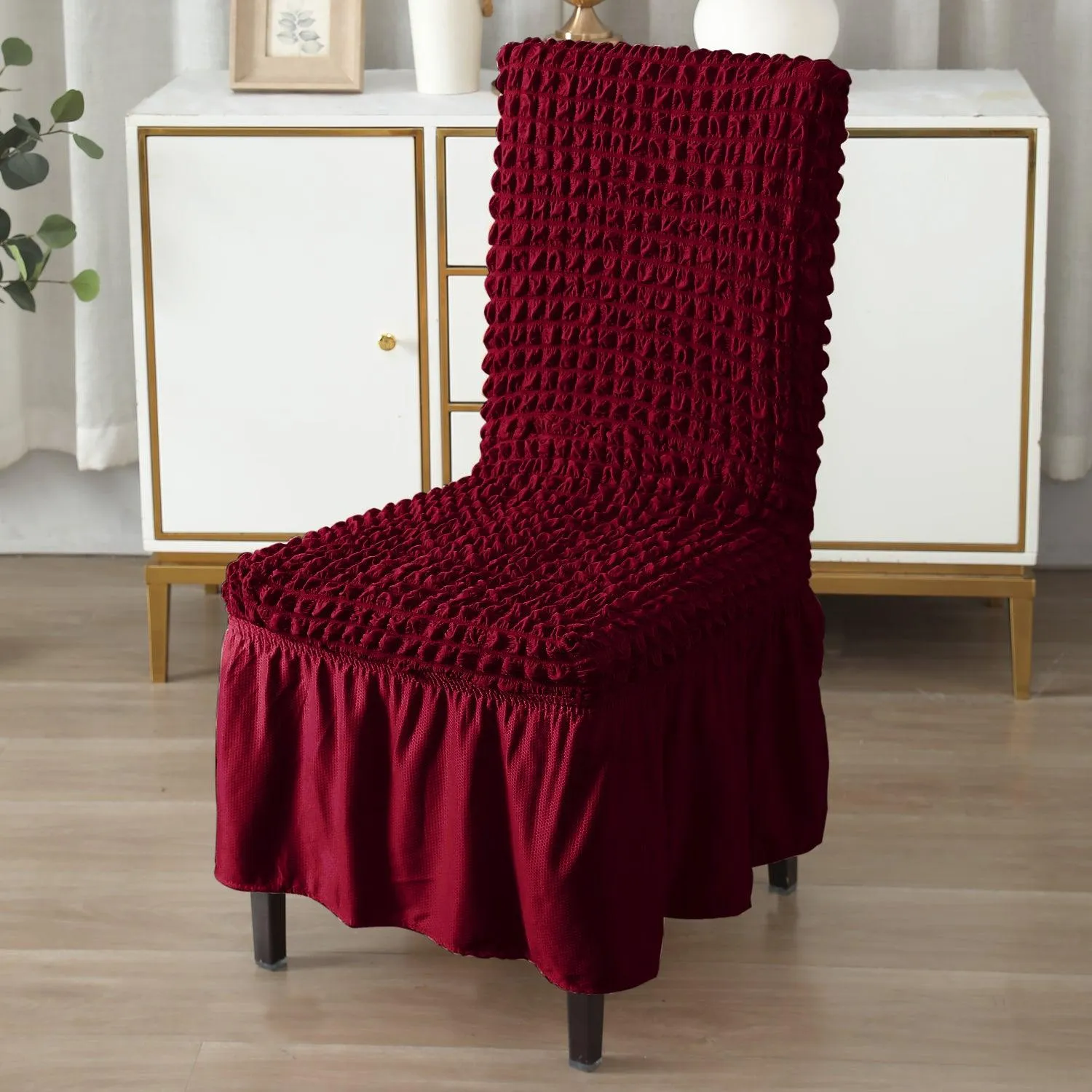 Stretchable 240-260 GSM Turkish Bubble Frill Dining Chair Cover Set of 1/2/4/6, Wine