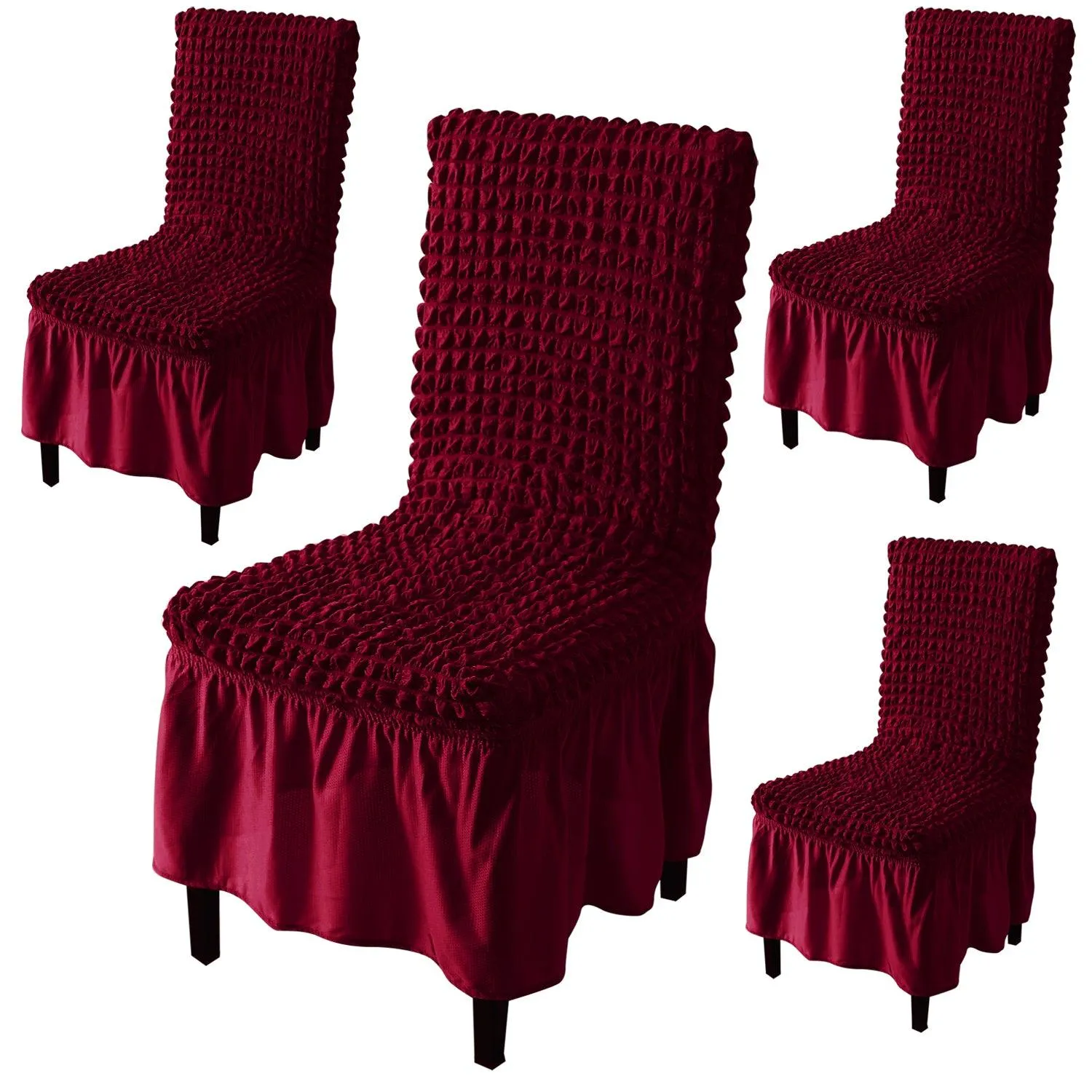 Stretchable 240-260 GSM Turkish Bubble Frill Dining Chair Cover Set of 1/2/4/6, Wine