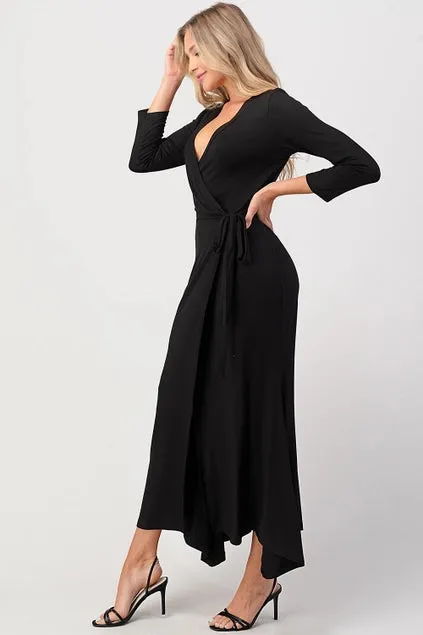 Stylish and Flattering Women's Black Mermaid Style Wrap Dress with 3/4 Sleeves