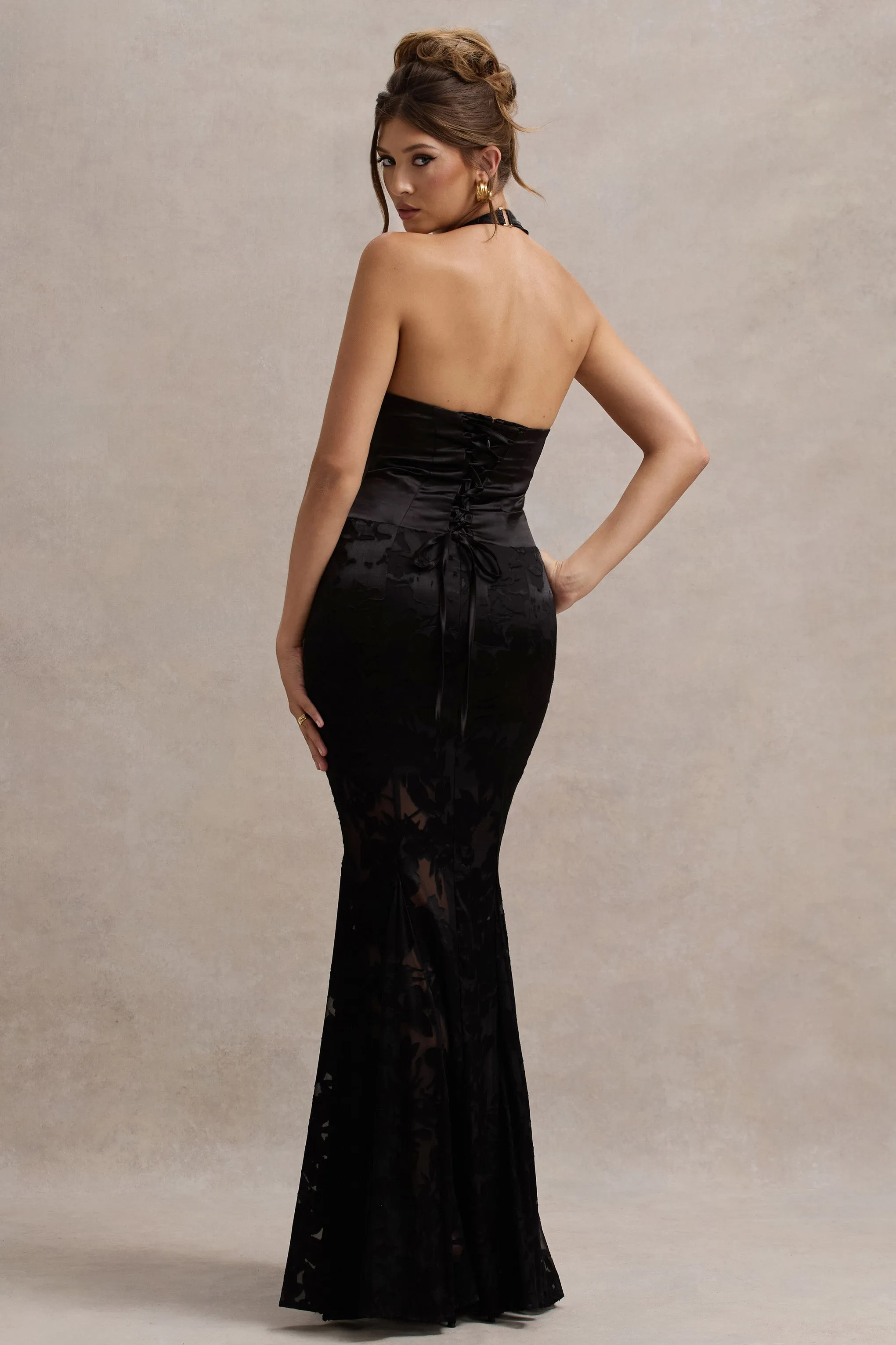 Sunset Tales | Black Satin Devore Plunge-Neck Maxi Dress