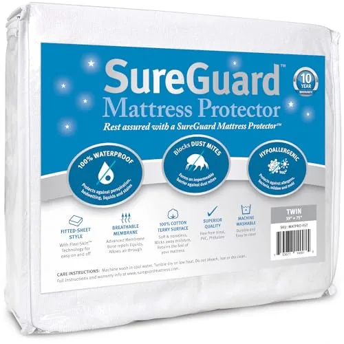 SureGuard Twin Size Mattress Protector - 100% Waterproof, Hypoallergenic - Premium Fitted Cotton Terry Cover White