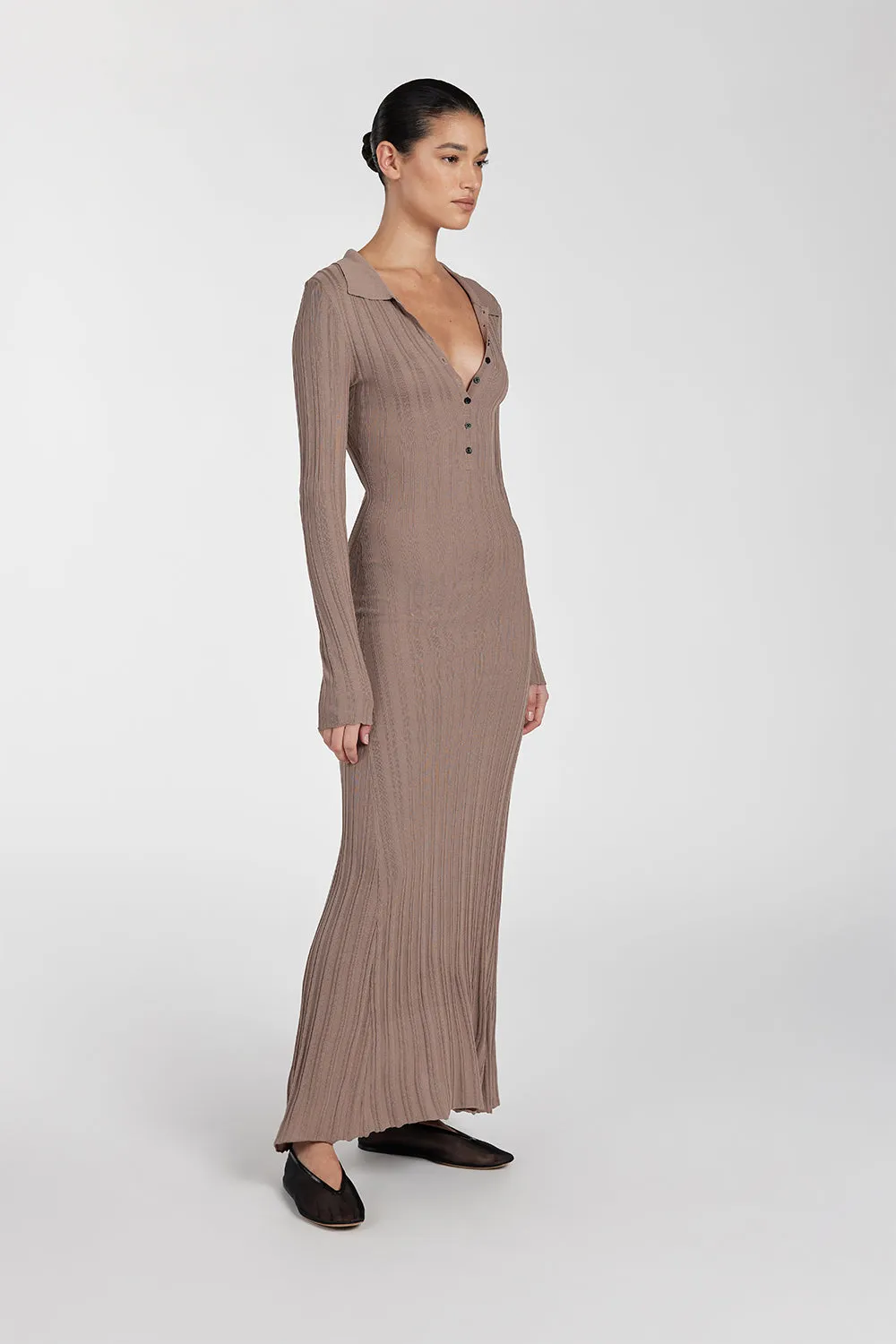 SYLVIA TAUPE POLO KNIT MIDI DRESS