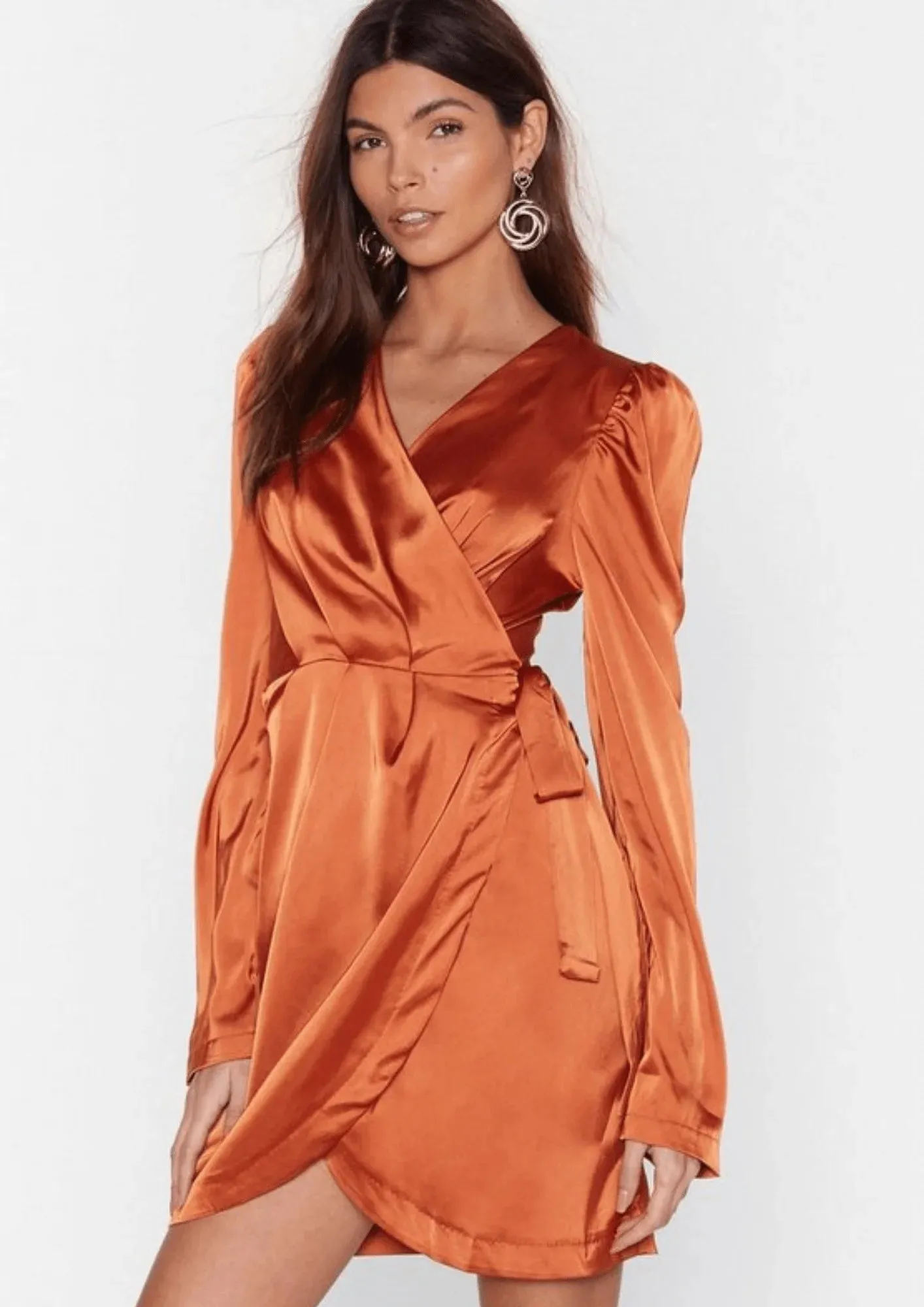 TERRACOTTA SATIN WRAP DRESS