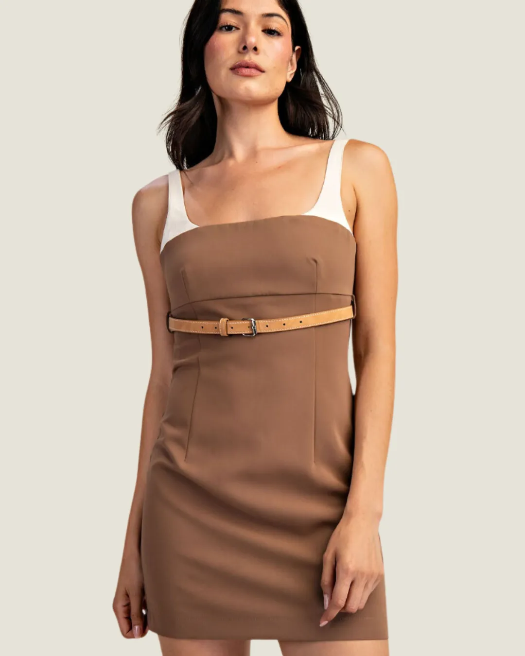 The Carmen: Belted Woven Mini Dress with Contrast Combo