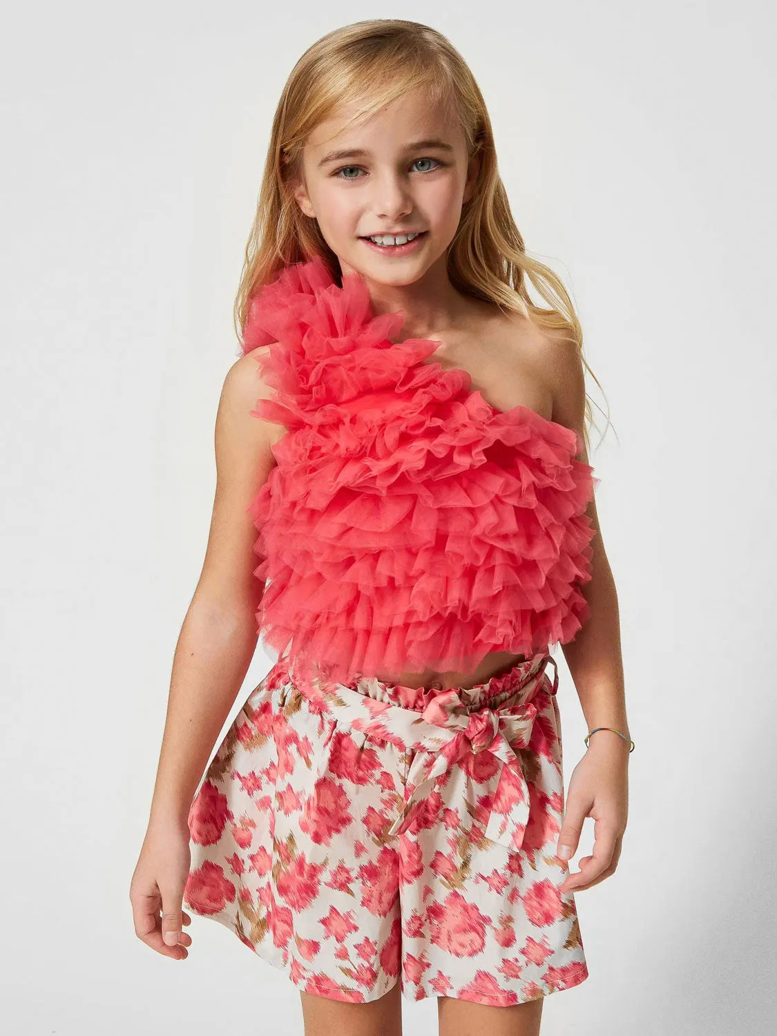 Twinset Girl's tulle ruffled one-shoulder top