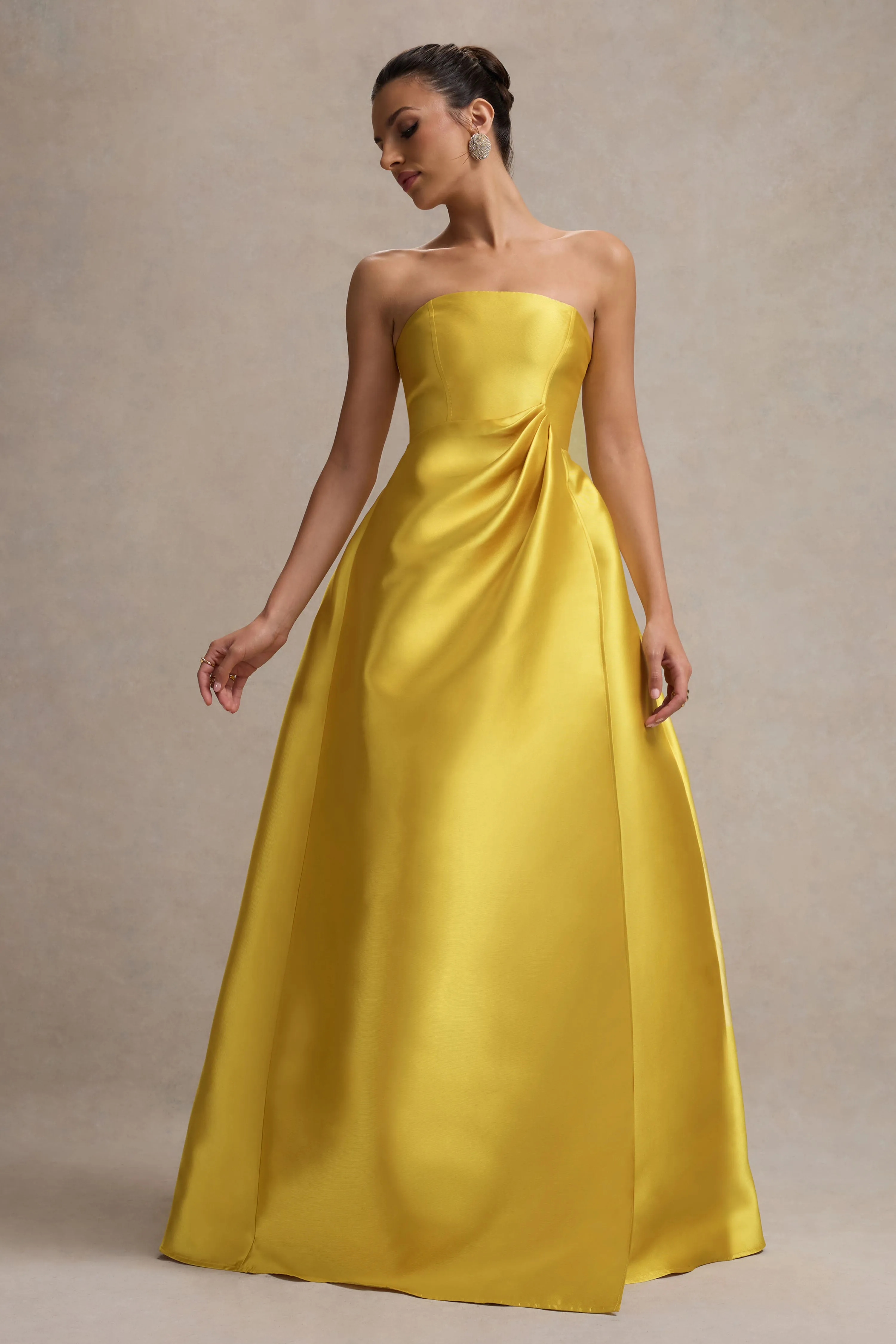 Universe | Mustard Bandeau Split Puff-Skirt Maxi Dress