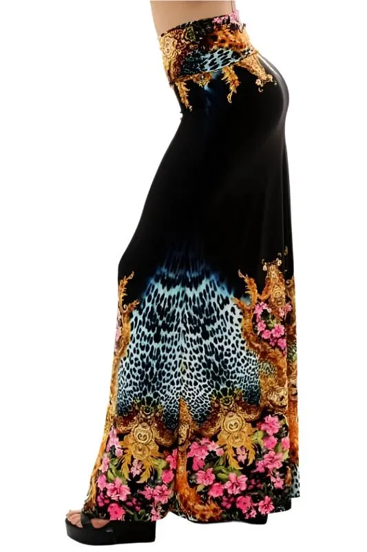 Uptown Floral Animal Print Black Maxi Skirt