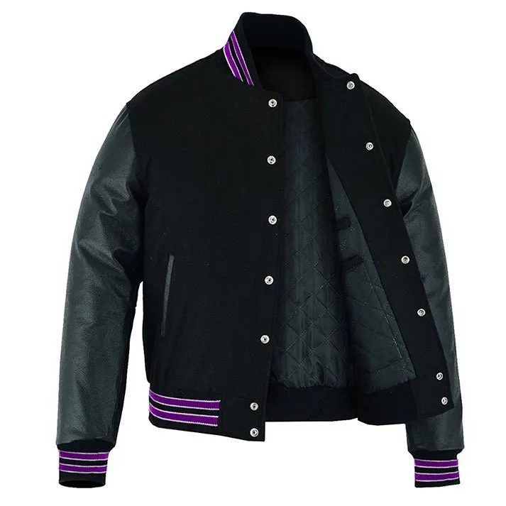 Varsity Jacket - Solid Black/Multi Purple Trim