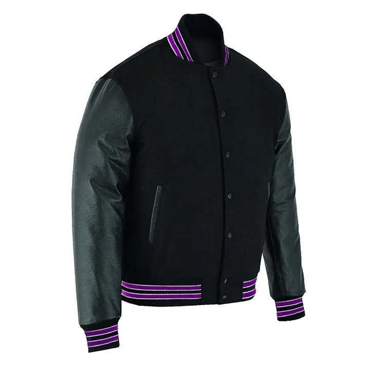 Varsity Jacket - Solid Black/Multi Purple Trim