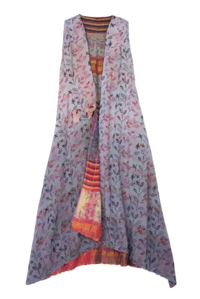 VINTAGE SILK GEORGETTE COTTON KANTHA BACK PLEATED VEST MAXI - gc2222-9001a -