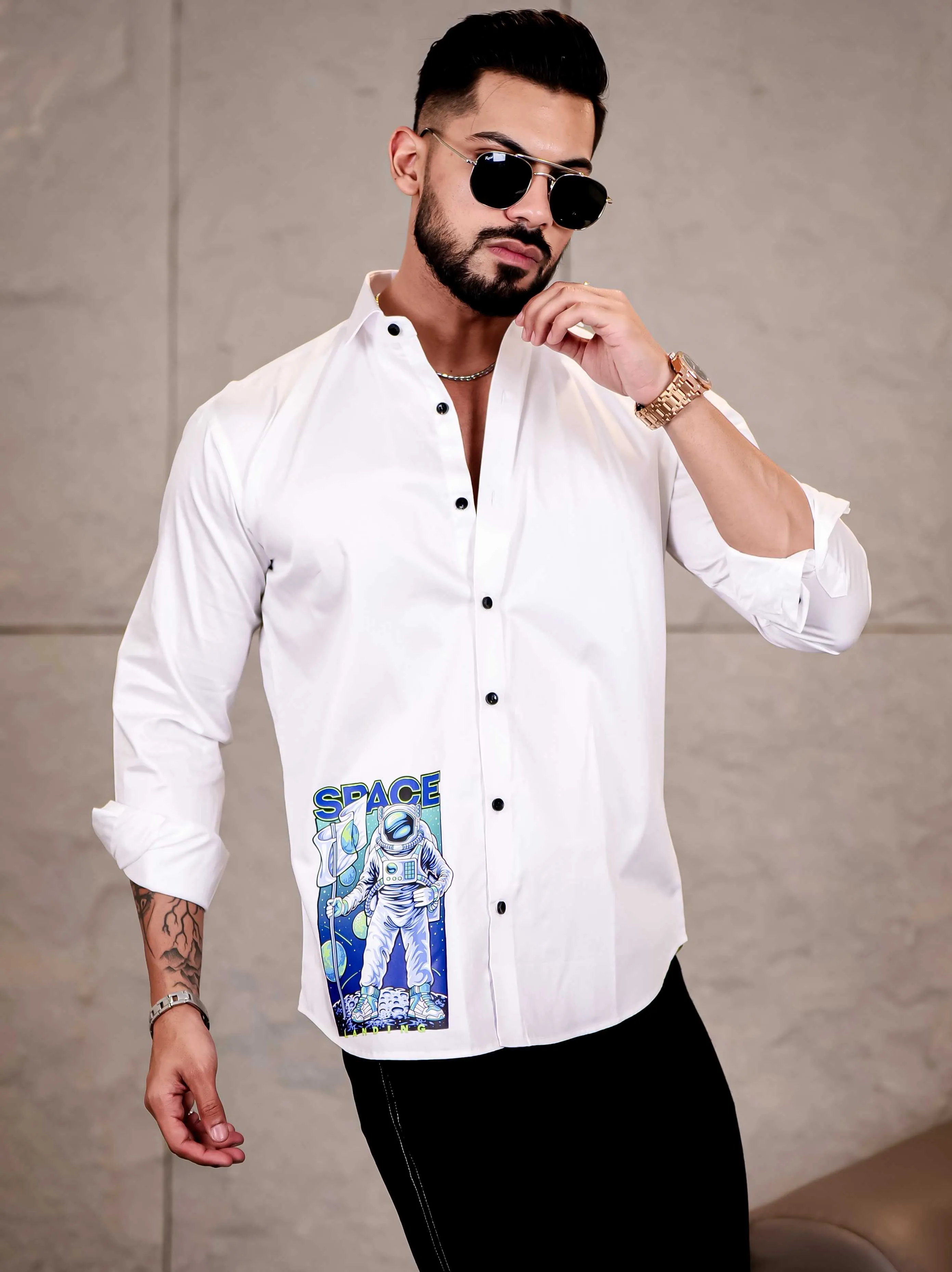 White Club Wear Landing on Space Printed Satin Cotton Shirt