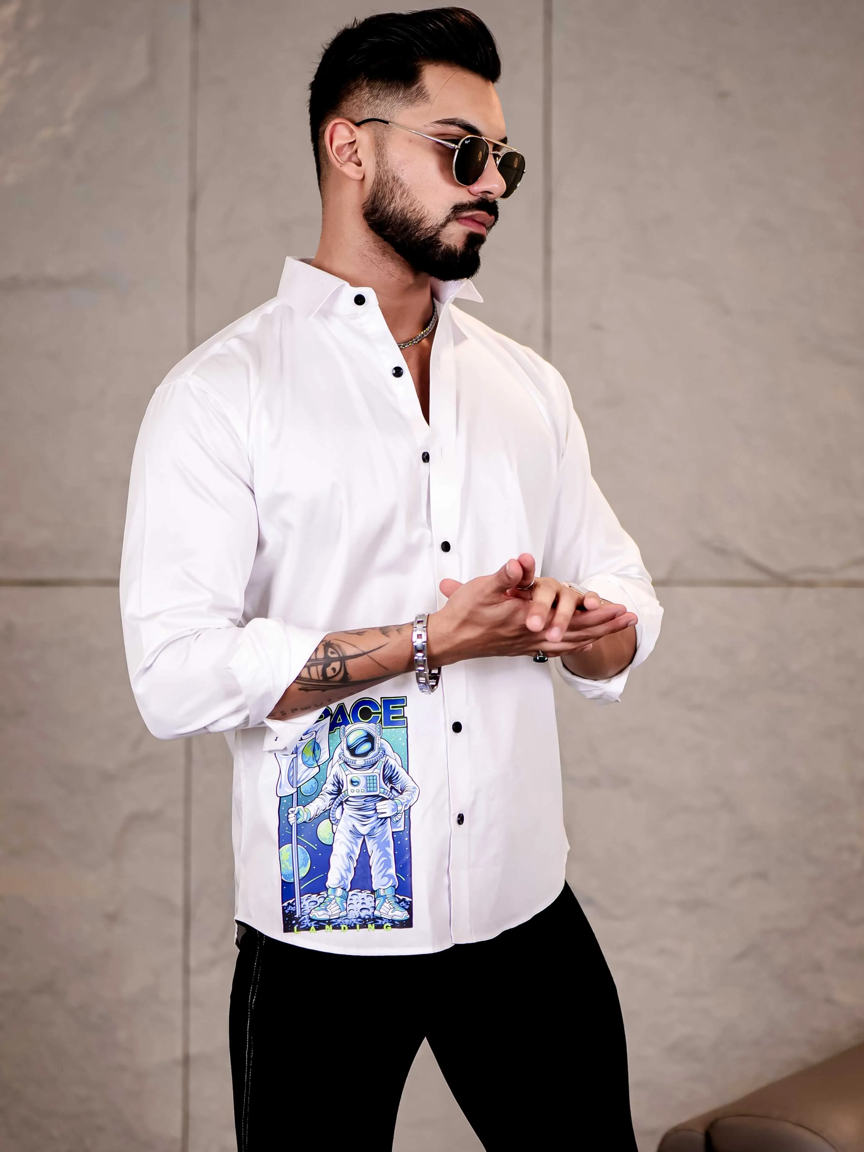 White Club Wear Landing on Space Printed Satin Cotton Shirt