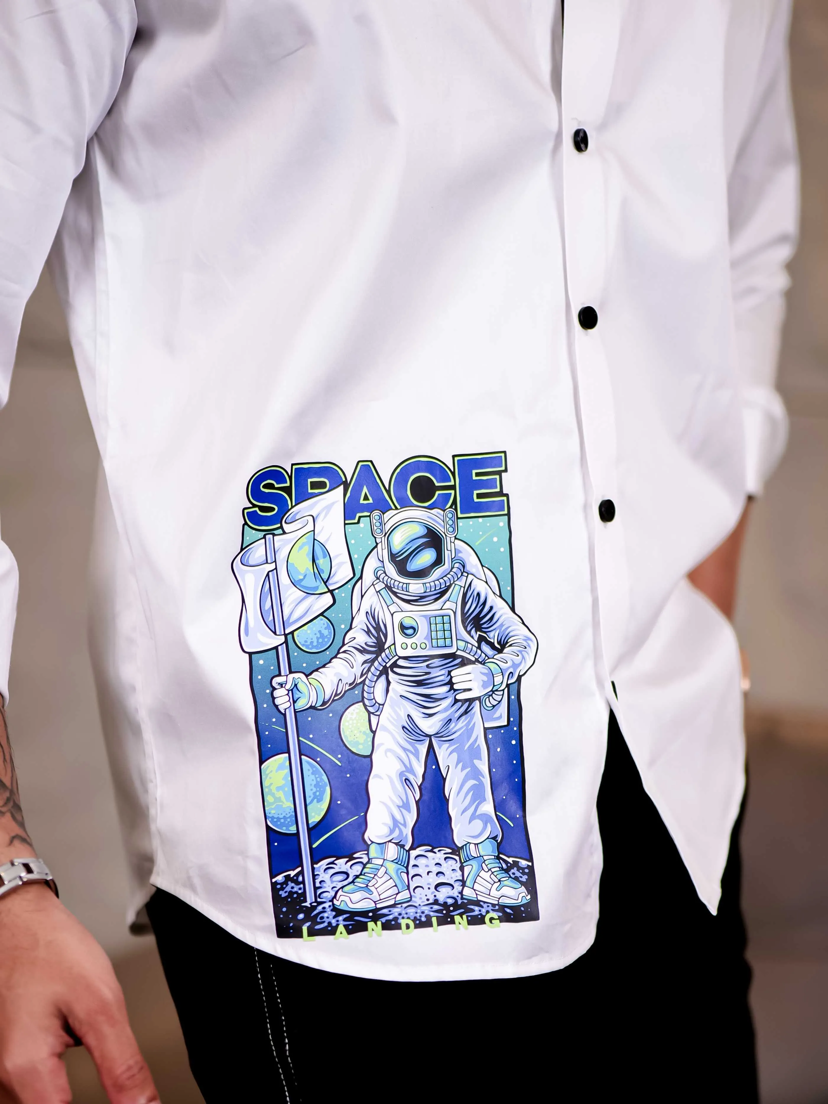 White Club Wear Landing on Space Printed Satin Cotton Shirt