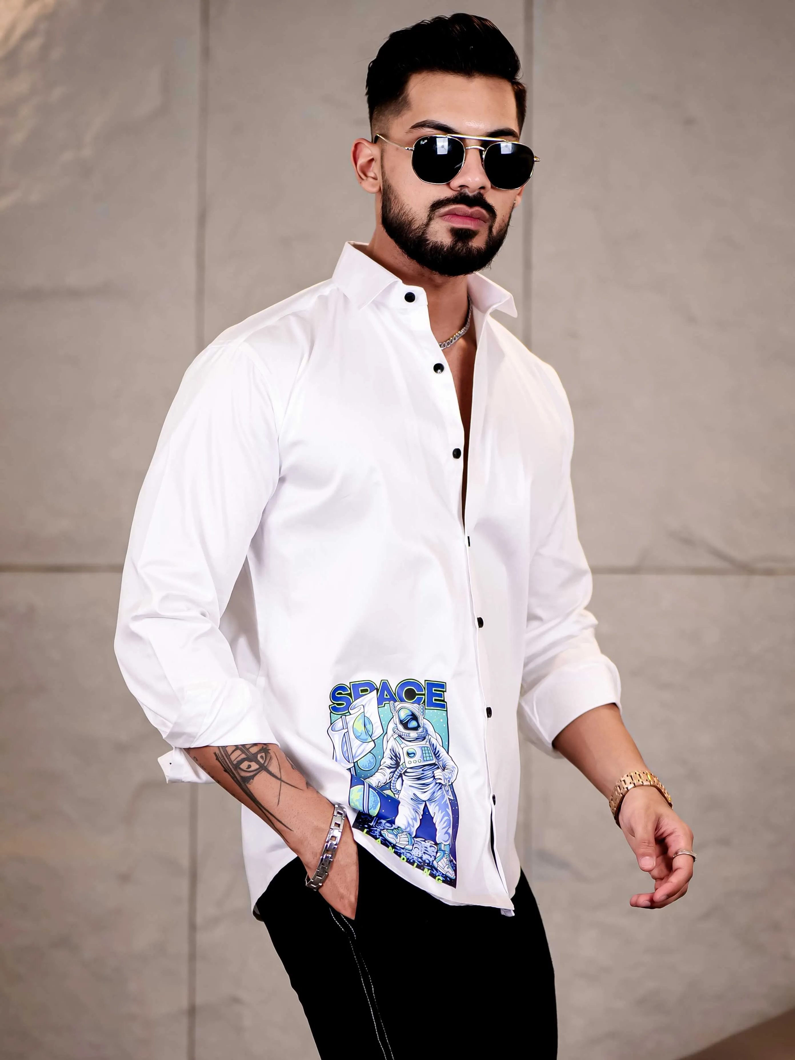 White Club Wear Landing on Space Printed Satin Cotton Shirt