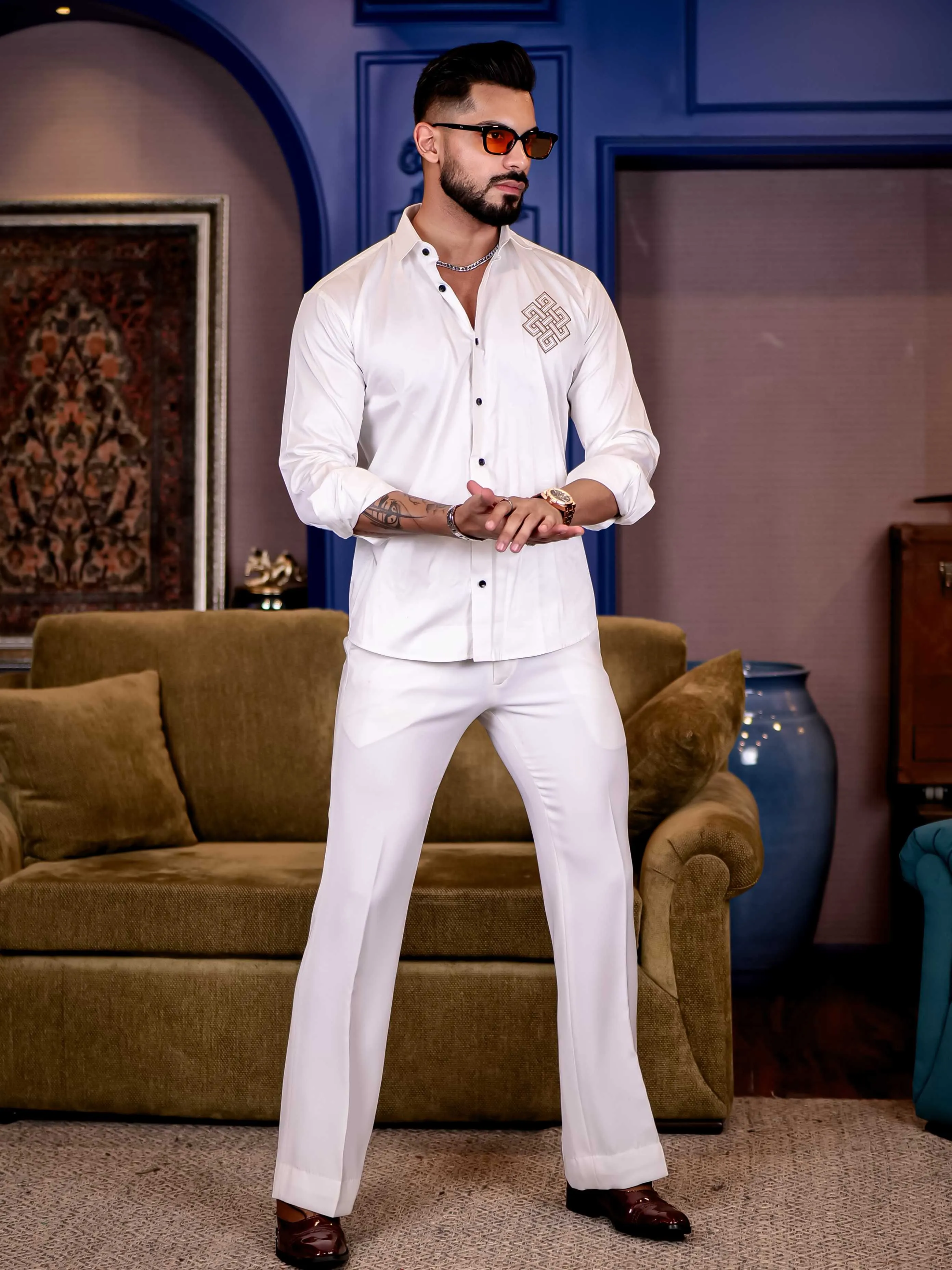 White Embroidered Premium Cotton Shirt For Men