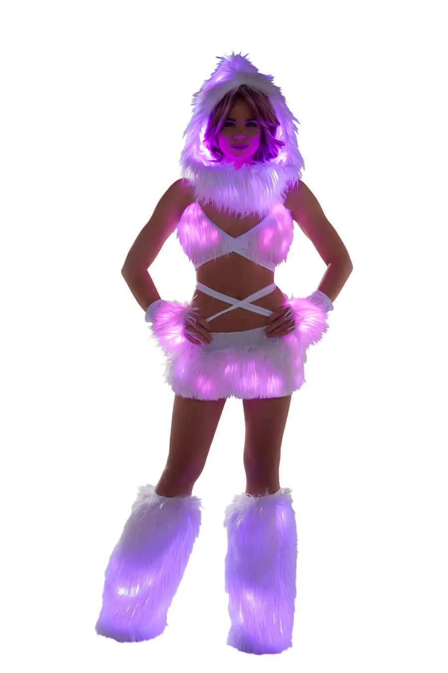 White Fur Light-up Gloves with Pink lights