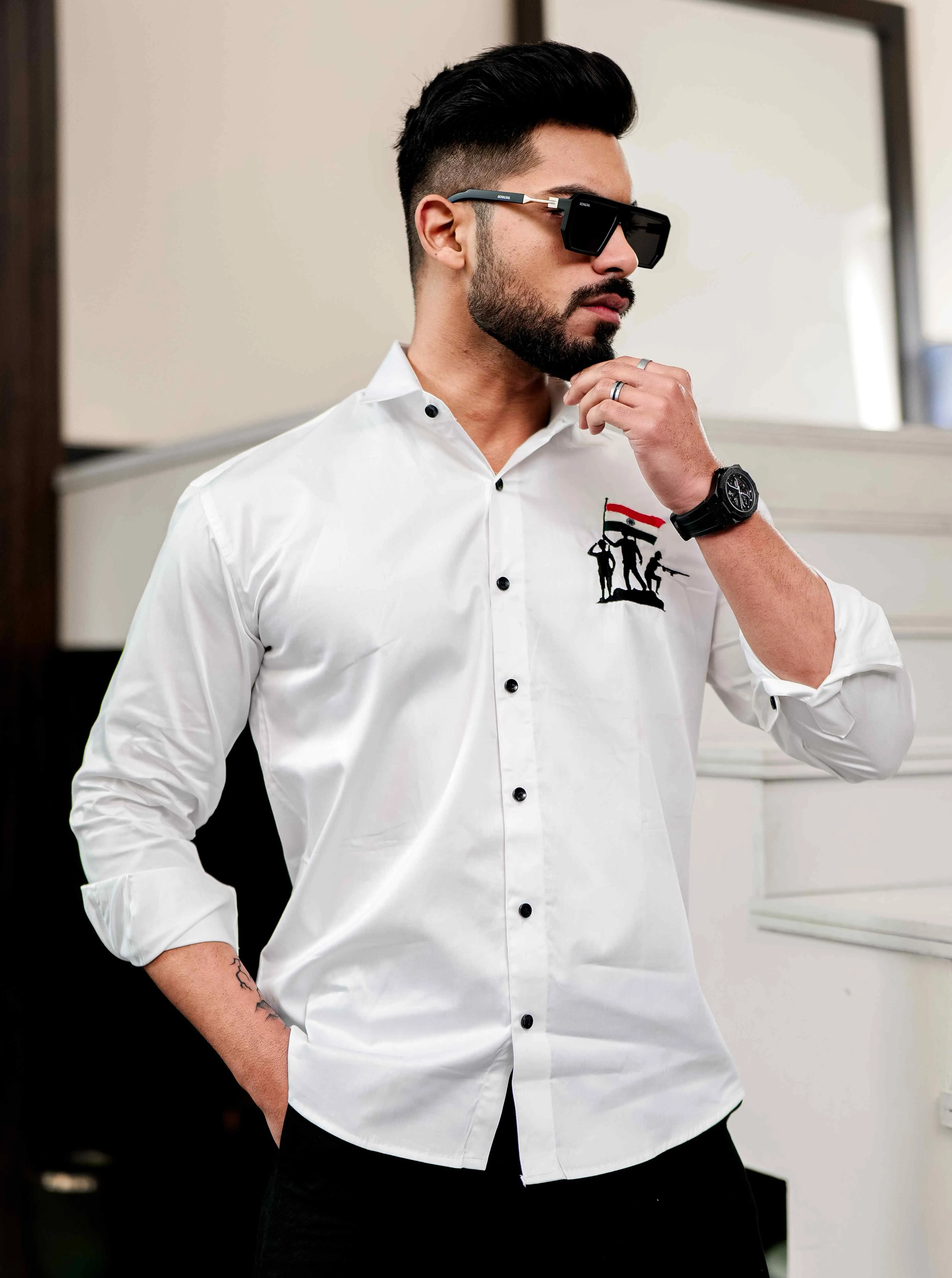 White Indian Flag Embroidered Satin Cotton Shirt