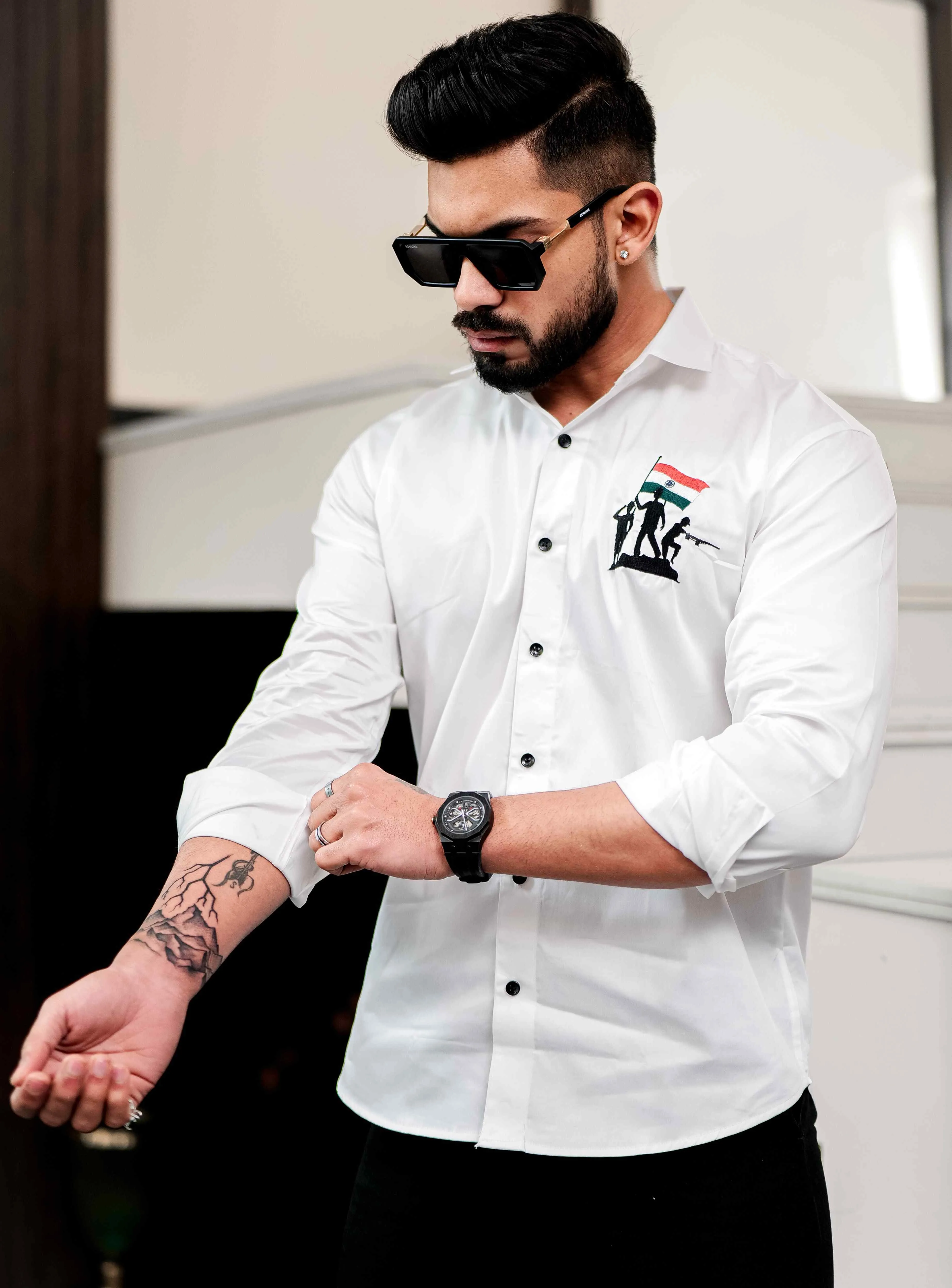 White Indian Flag Embroidered Satin Cotton Shirt