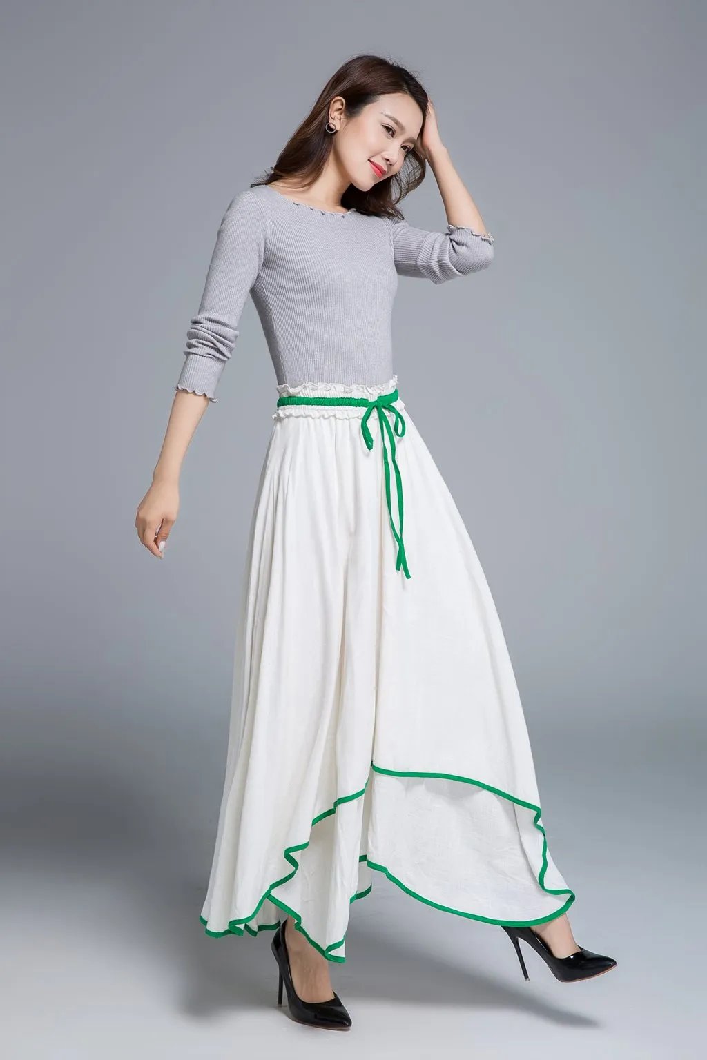 white linen skirt, swing skirt, boho skirt 1675