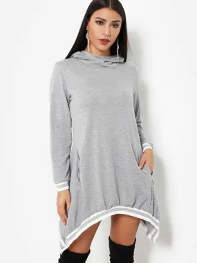 Wholesale Pullover Plain Hooded Long Sleeve Irregular Hem Grey Shirt Dresses