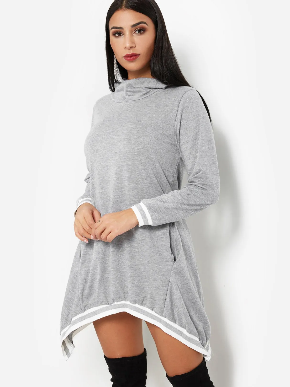 Wholesale Pullover Plain Hooded Long Sleeve Irregular Hem Grey Shirt Dresses