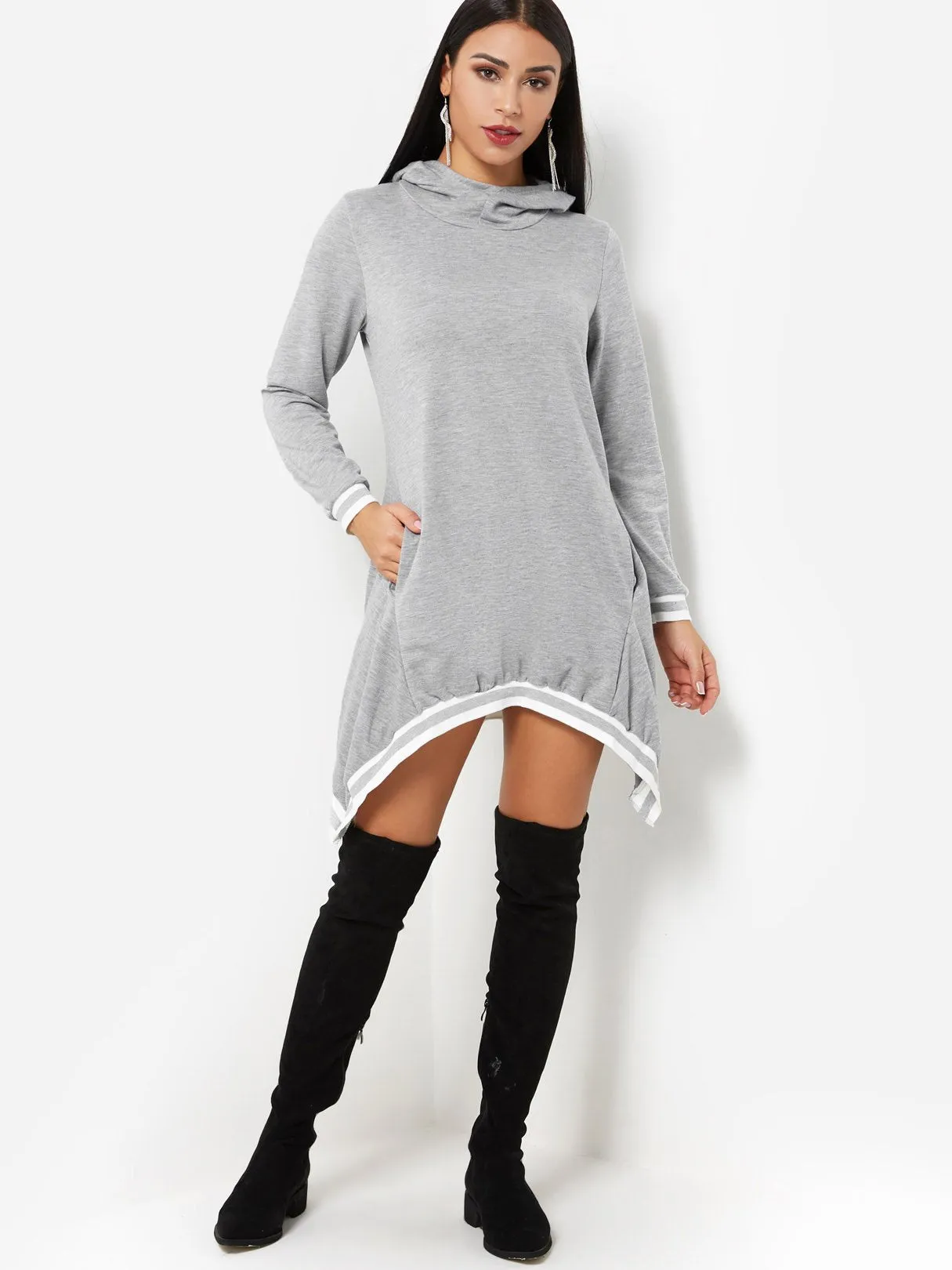 Wholesale Pullover Plain Hooded Long Sleeve Irregular Hem Grey Shirt Dresses