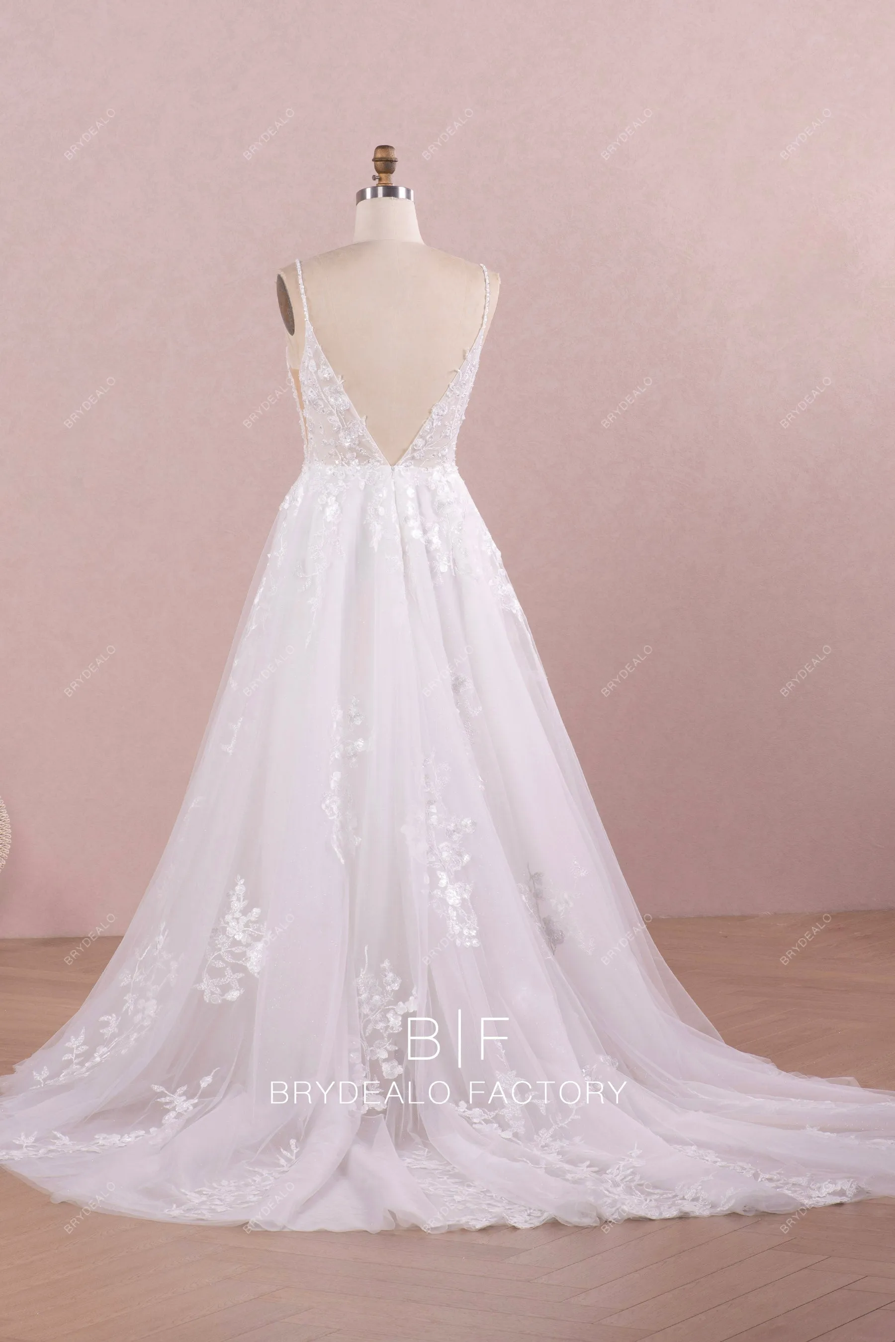 Wild Lace Plunging Neck Romantic Long Wedding Dress