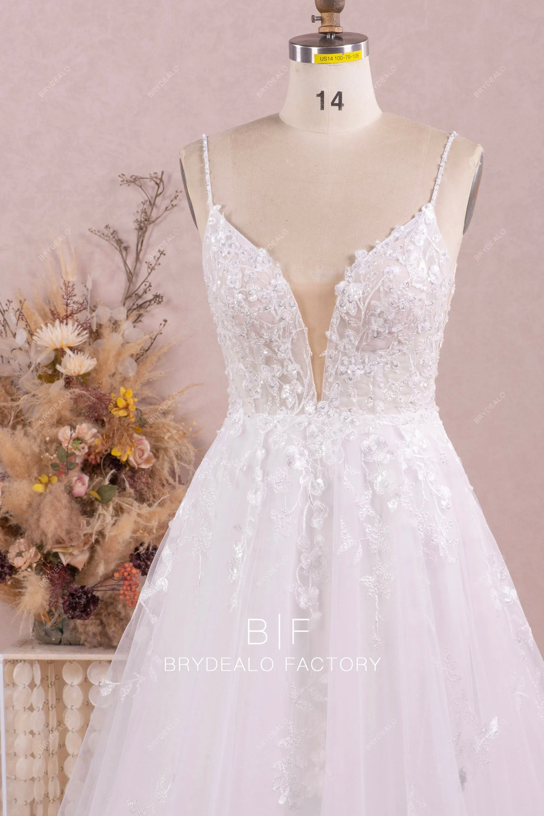 Wild Lace Plunging Neck Romantic Long Wedding Dress