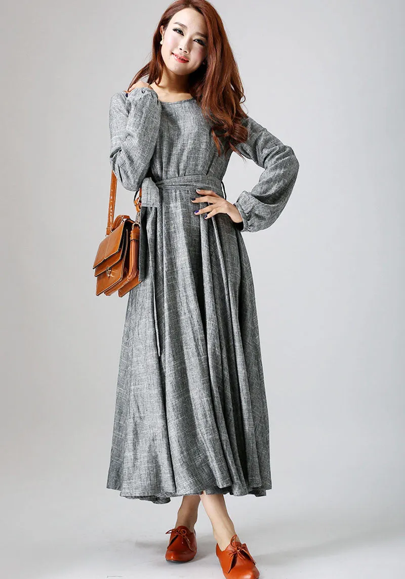 woman's gray dress long linen dress maxi spring dress (790)