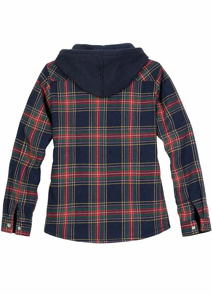 Women's Sherpa-Lined Snap Button Flannel Jacket with Fleece Hood