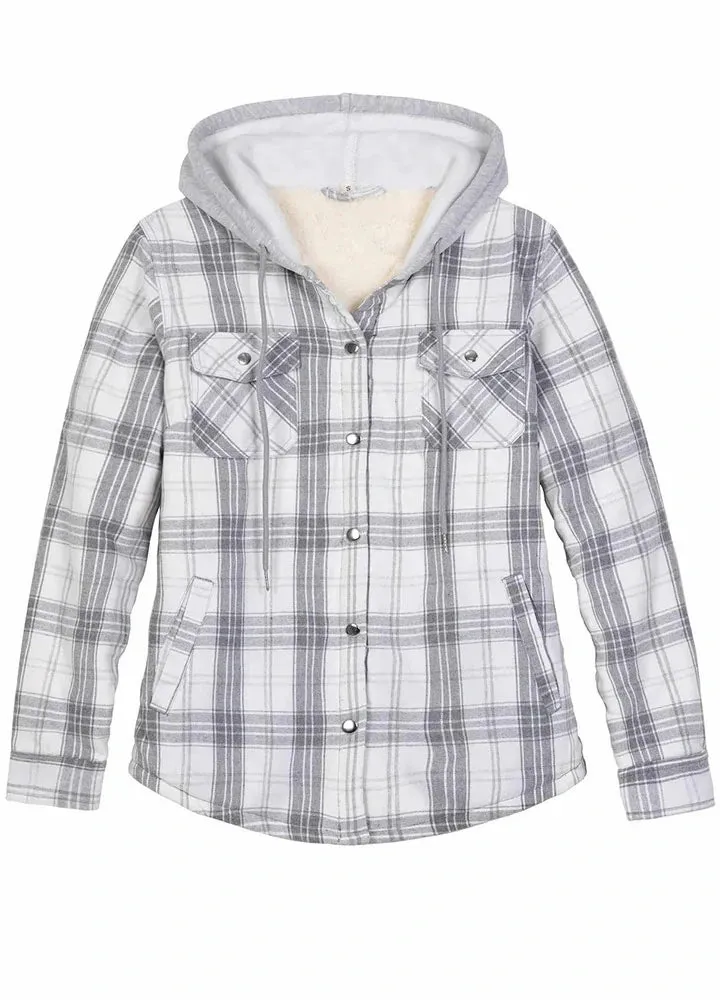 Women's Sherpa-Lined Snap Button Flannel Jacket with Fleece Hood