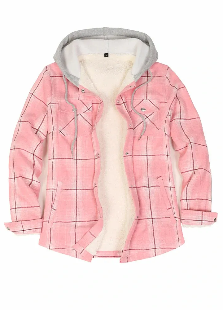 Women's Sherpa-Lined Snap Button Flannel Jacket with Fleece Hood