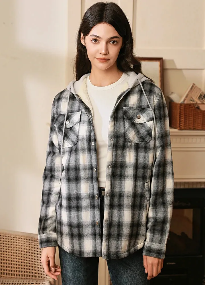 Women's Sherpa-Lined Snap Button Flannel Jacket with Fleece Hood