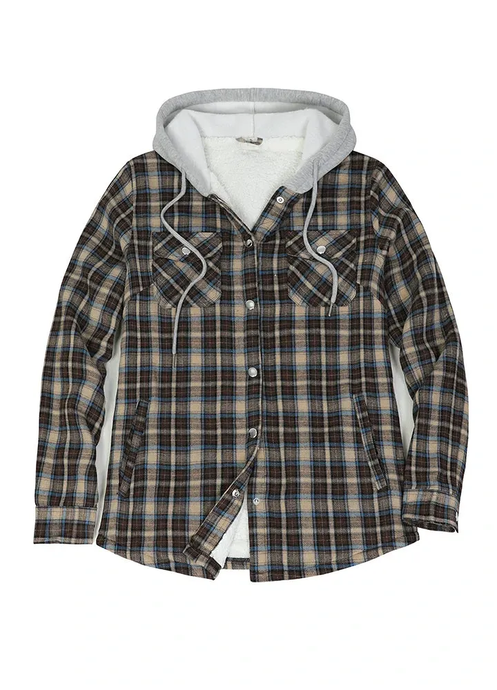 Women's Sherpa-Lined Snap Button Flannel Jacket with Fleece Hood