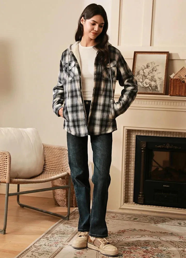 Women's Sherpa-Lined Snap Button Flannel Jacket with Fleece Hood