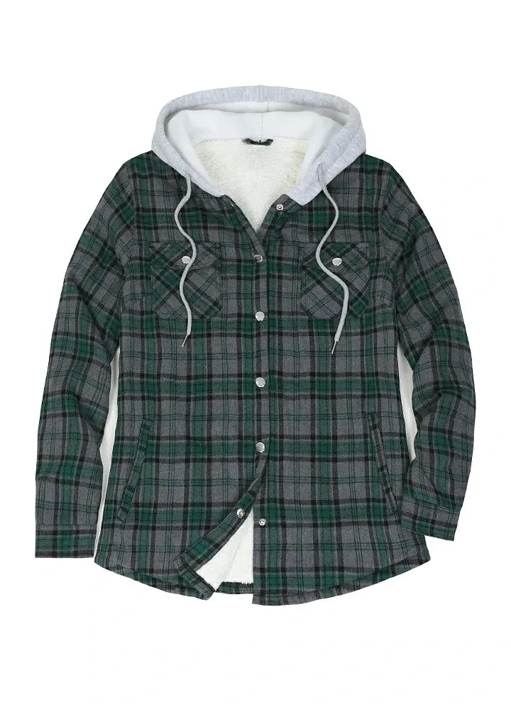 Women's Sherpa-Lined Snap Button Flannel Jacket with Fleece Hood