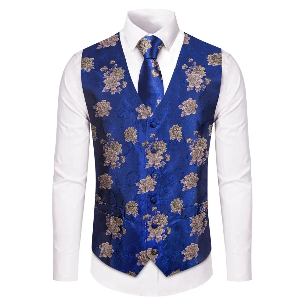 YourTies Blue Floral Silk Men's Vest Necktie Hanky Cufflinks Set