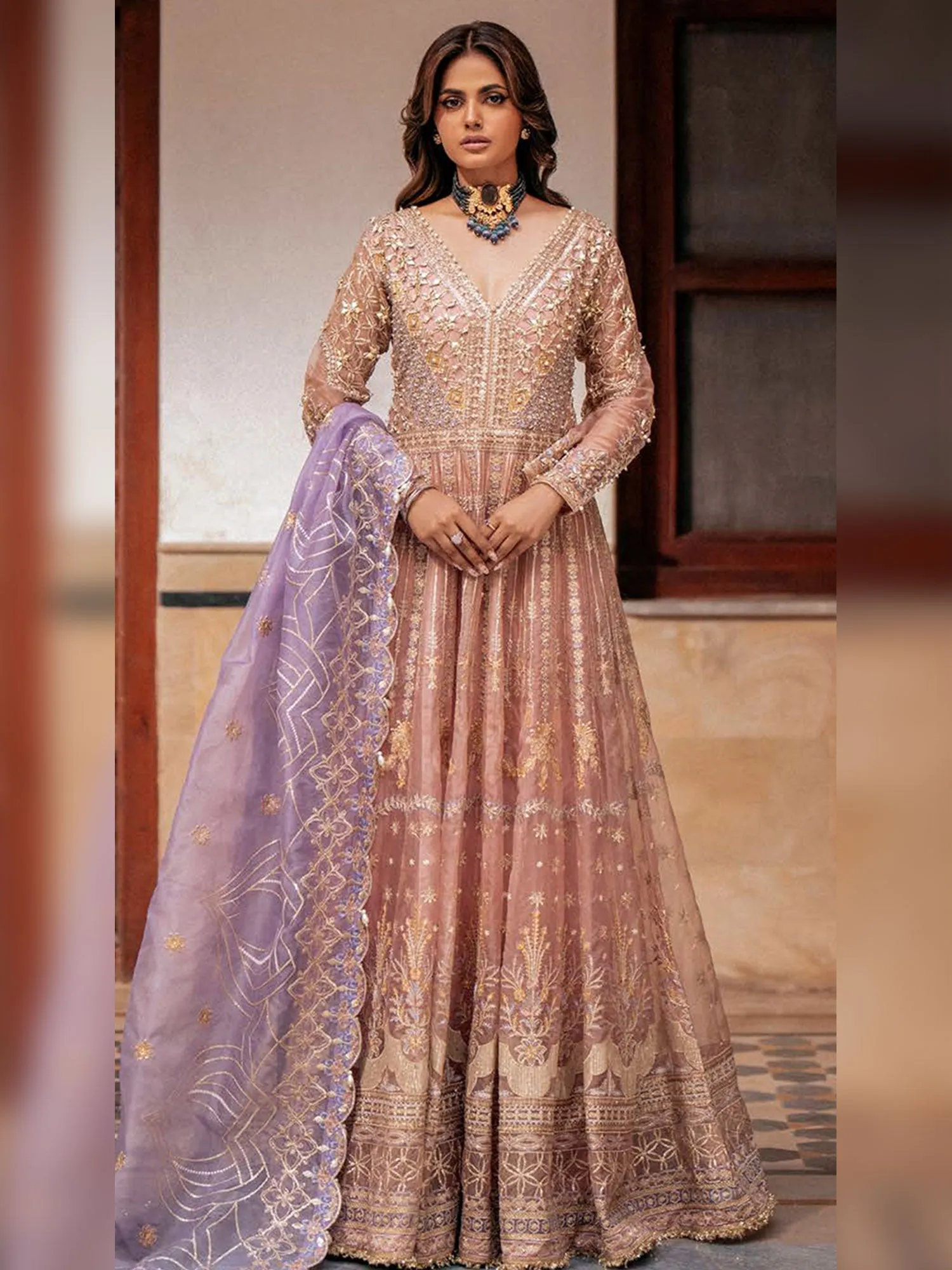 Zarqun Soft Embroidered Organza Suit - Blush (2450B)