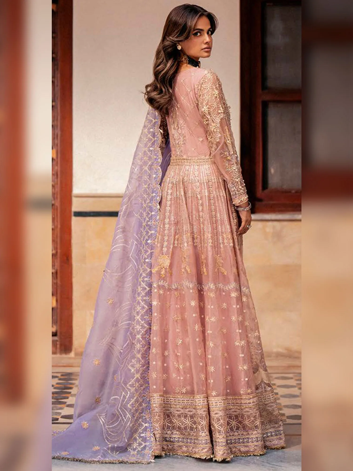 Zarqun Soft Embroidered Organza Suit - Blush (2450B)